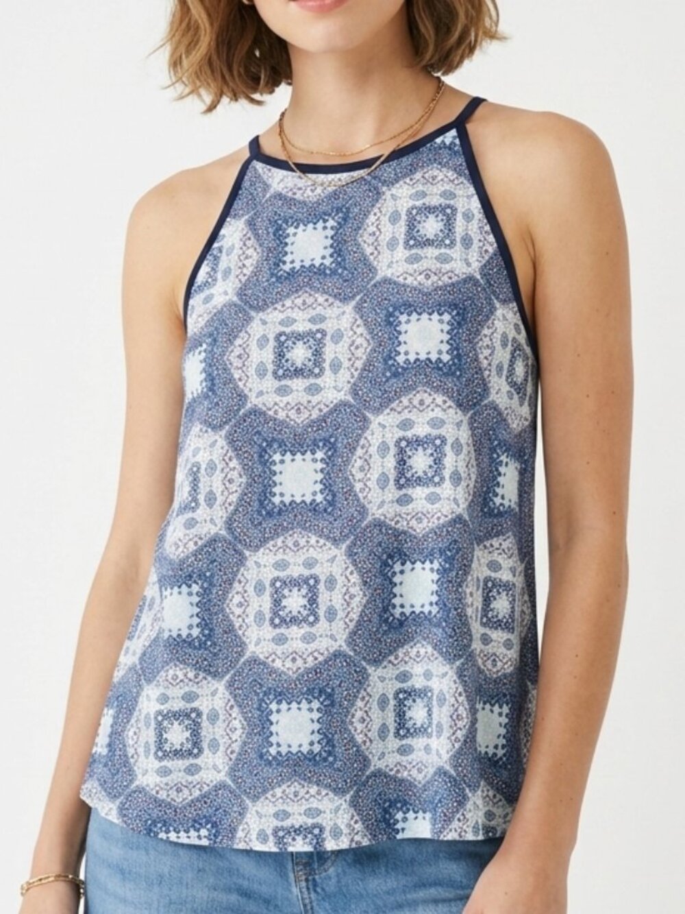 Boho Tile Keyhole Pixley Blue Polyester Halter Tank Top Size M Medium